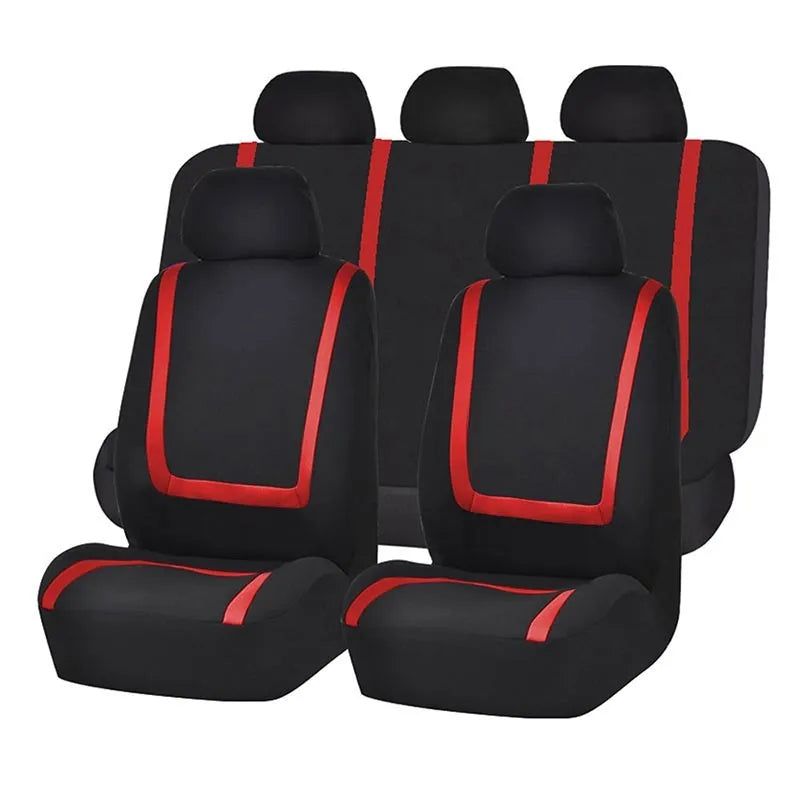 Universal four seasons car seat cover set in beige and black fabric installed on car seats.