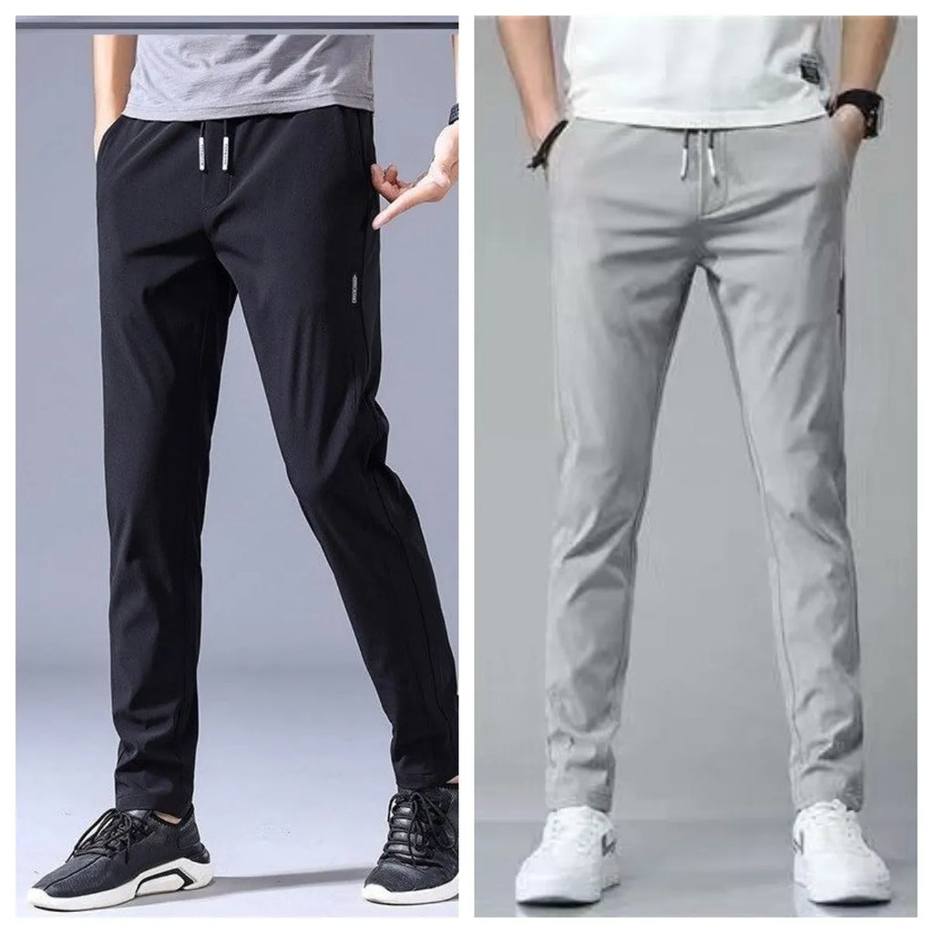 Men's Khaki drawstring trousers with loose straight leg and elastic waist, Korean casual style