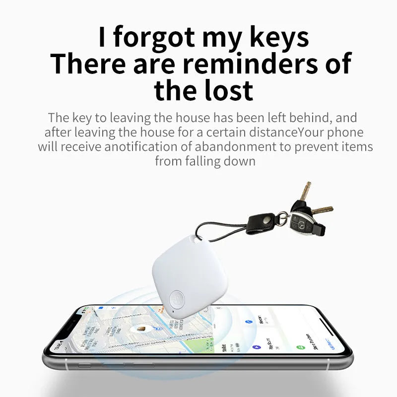 Small coloured Bluetooth anti-lost tracker for keys and wallets with two-way alarm.
