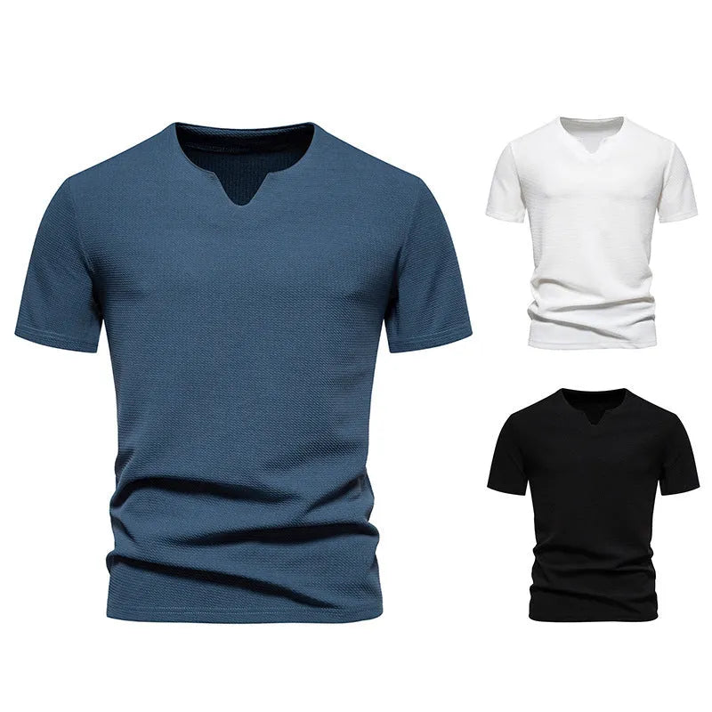 Men's bubble cloth V-neck short sleeve T-shirt in solid colour, loose fit, cotton blend