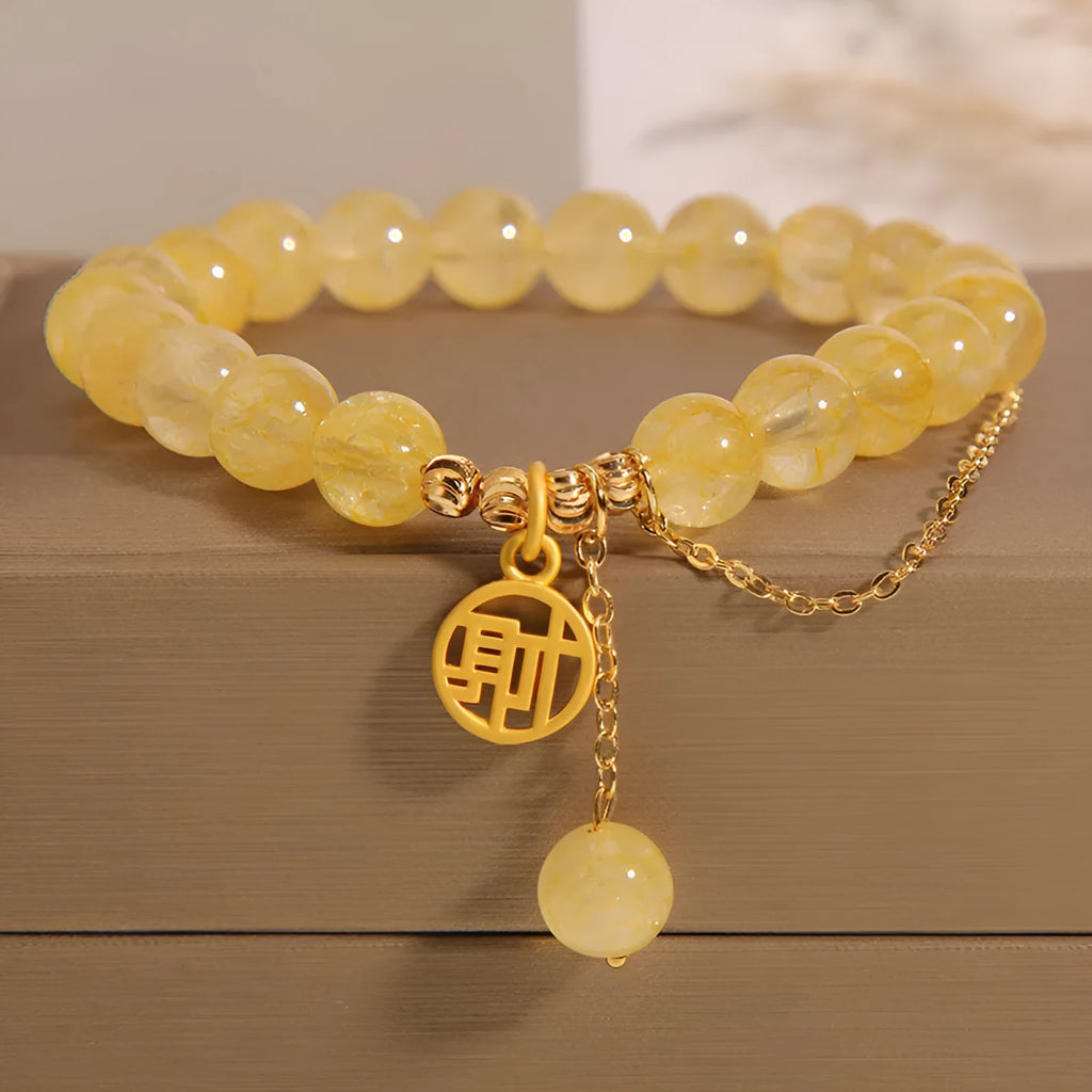 Natural citrine stone bracelet with Chinese fu character charm and adjustable brass chain