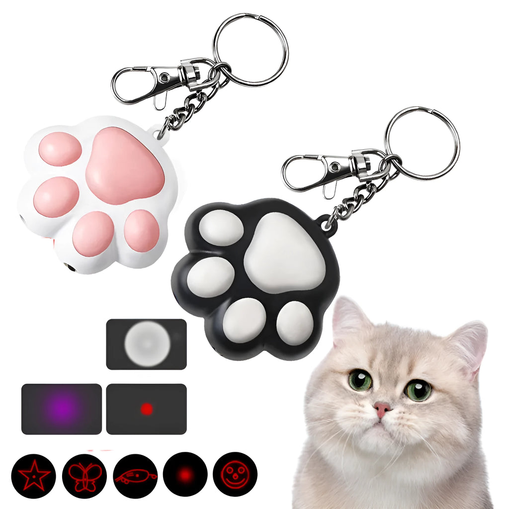 Pink and black rechargeable infrared cat teaser toy with keychain attachment showing 5cm dimensions