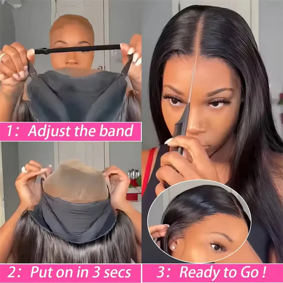 A natural-looking, straight, glueless human hair wig with side bangs, shown in various lengths.