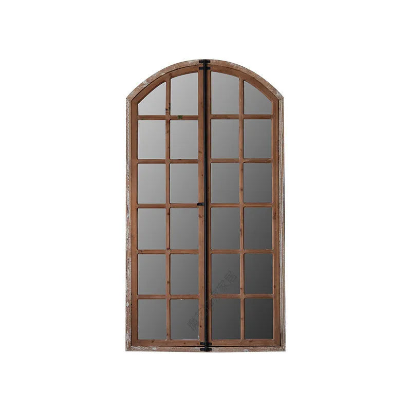 Terrace style distressed wooden frame fake window wall mirror in log colour