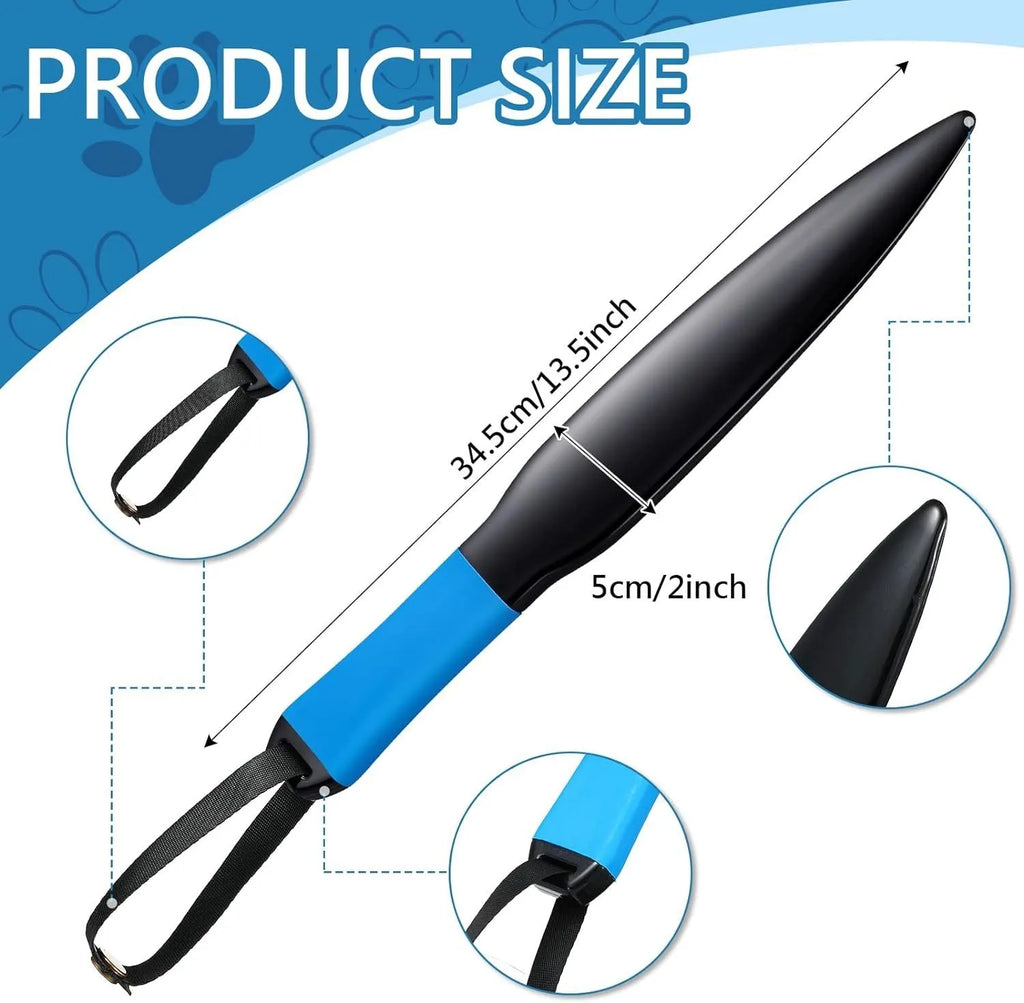 A blue and black nylon dog training break stick measuring 35cm in length.