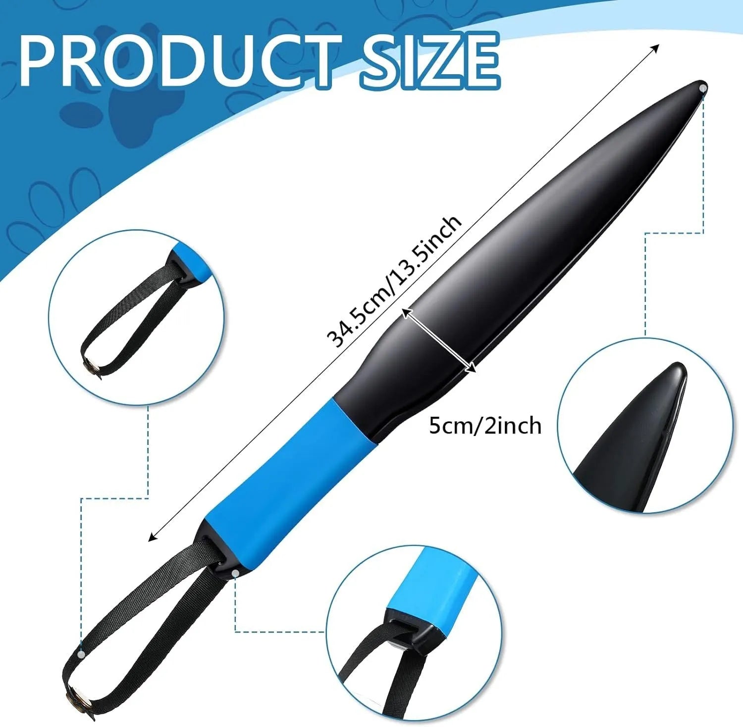 A blue and black nylon dog training break stick measuring 35cm in length.