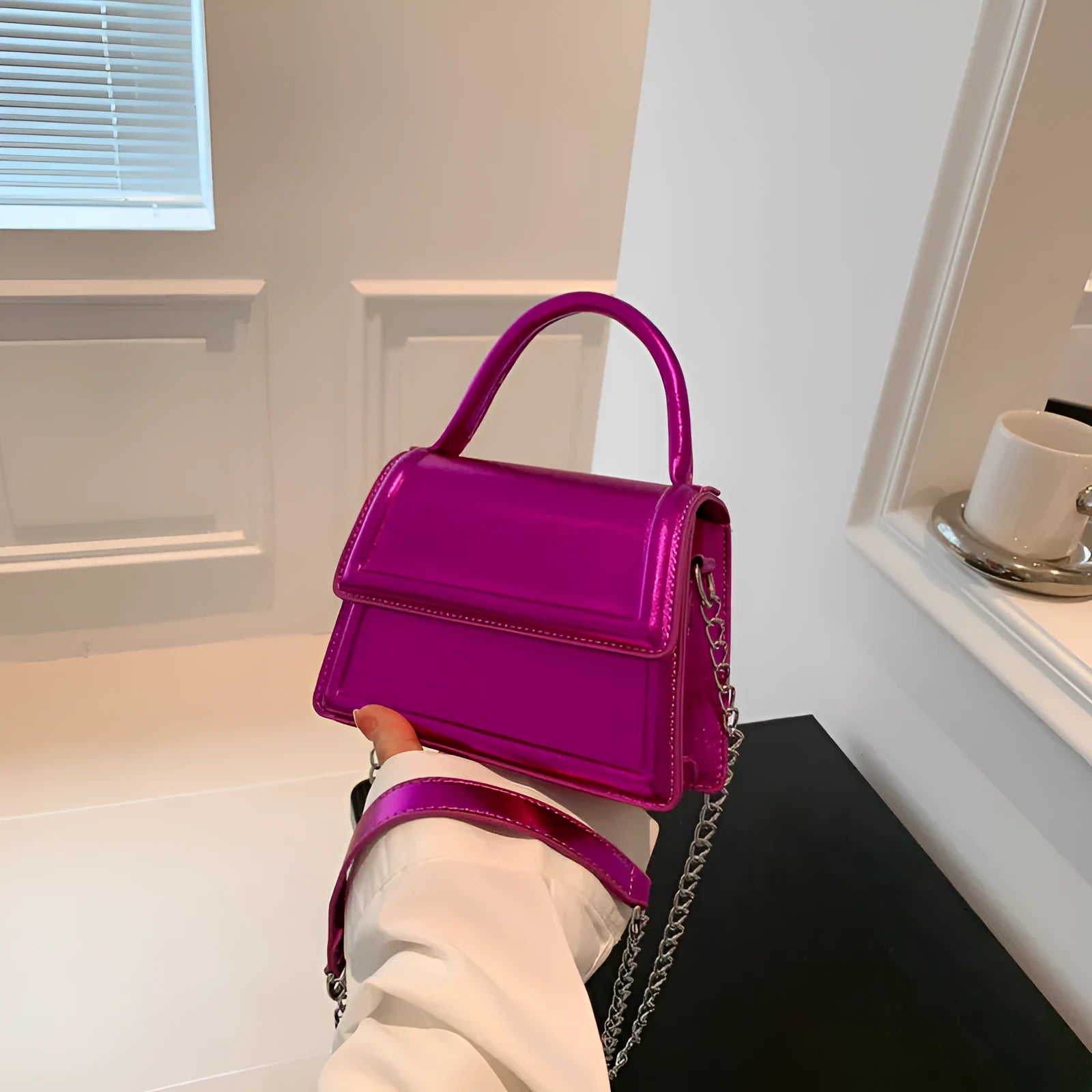 PU leather retro crossbody shoulder bag in horizontal square shape with sewn line detail