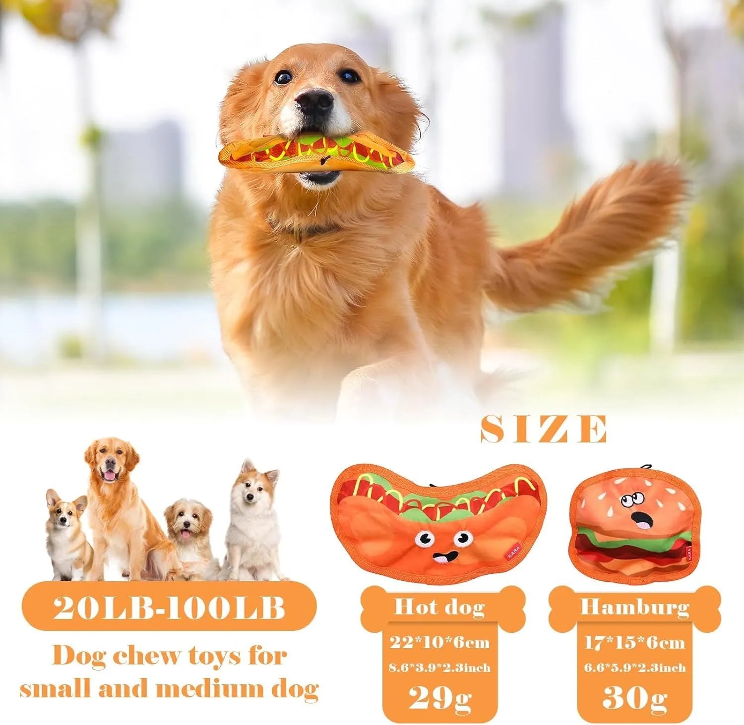 Food-themed dog chew toy in a hamburger design with red, yellow, and green colours, showcasing its no-stuffing construction.