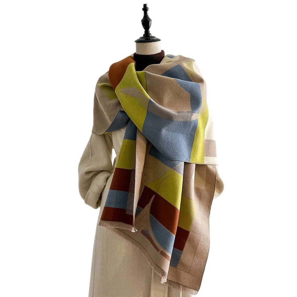 Long beige imitation cashmere scarf draped to show its 185cm length and European chic style.