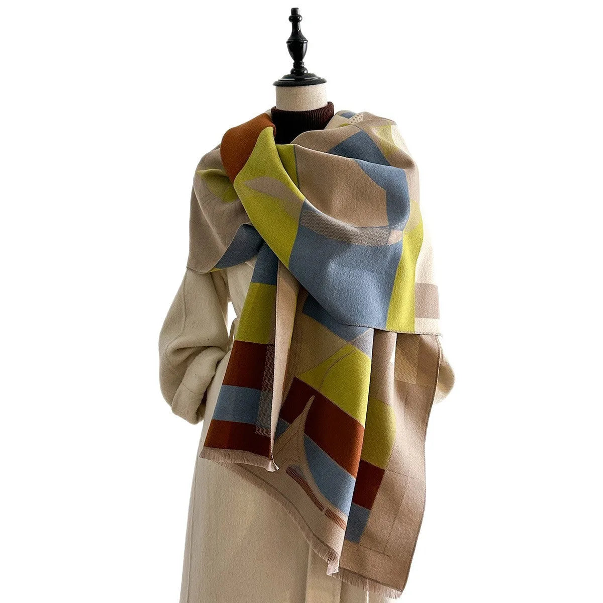 Long beige imitation cashmere scarf draped to show its 185cm length and European chic style.