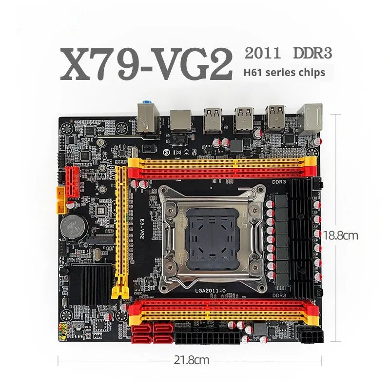 X79-VG2 desktop motherboard with LGA 2011 socket, PCIe slot, DDR3 slots, and rear I/O ports.