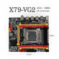 X79-VG2 desktop motherboard with LGA 2011 socket, PCIe slot, DDR3 slots, and rear I/O ports.