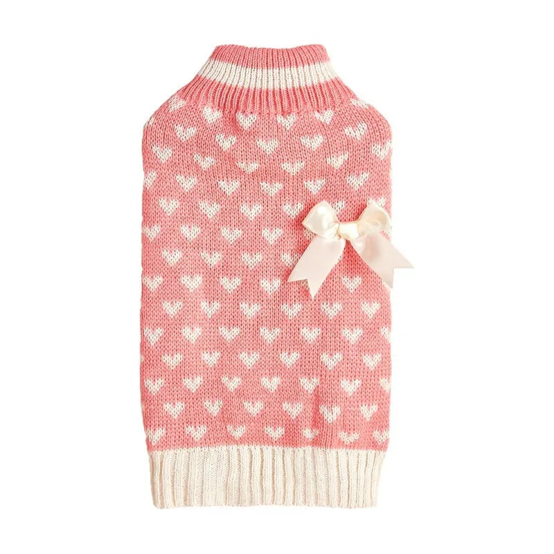 Red love heart design dog sweater with bow detail on acrylic pet clothing