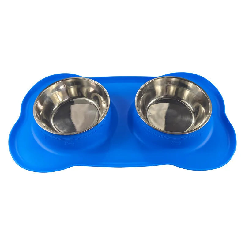 Large silicone double dog bowl with stainless steel inserts in raised feeding design