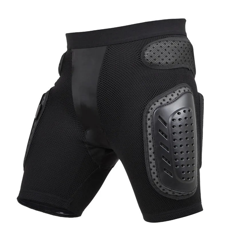 A pair of black cycling hip pad protective pants for sports, showing the integrated hip protection area.