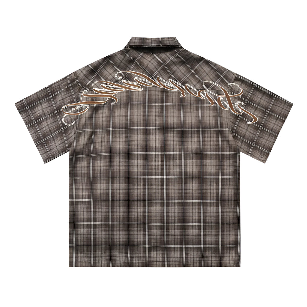 Men's black plaid short sleeve shirt with embroidered letter on lapel, loose fit casual style