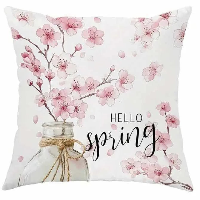 Square short velvet cushion cover with cherry blossom and letter print in four colour options