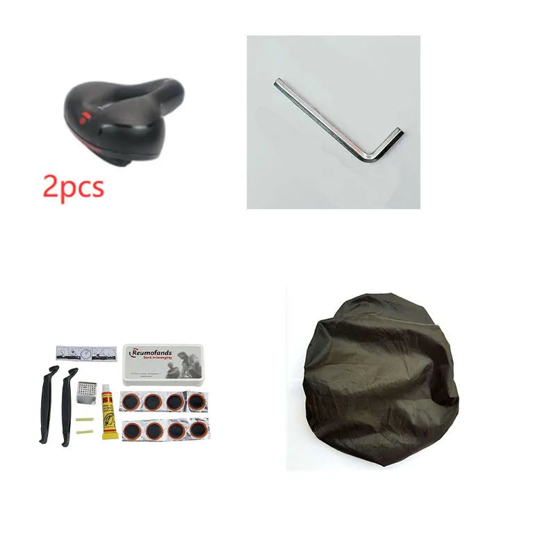 Bicycle saddle cushion with PU leather cover, shown with waterproof cover, wrench, and tire patch kit.