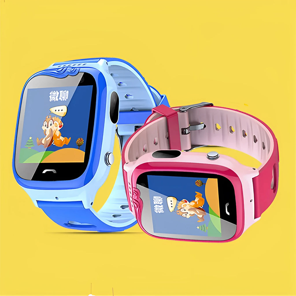Blue children's smart phone watch with a silicone strap and a square HD touch screen display.
