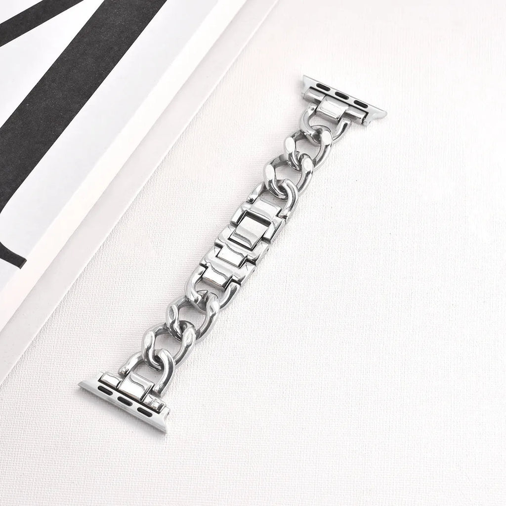 Metal denim chain replacement strap for Apple Watch in silver, showing 22mm lug width.