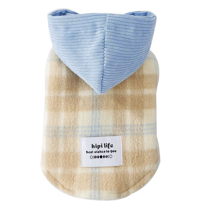 Blue corduroy dog hooded vest with chessboard grid pattern and adjustable drawstring