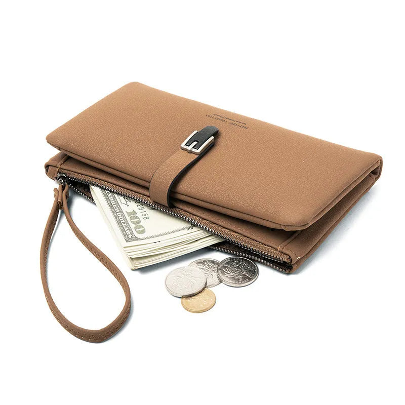 Long female wallet simple clutch in PU leather, solid brown colour, showing slim 19.5cm by 11cm design