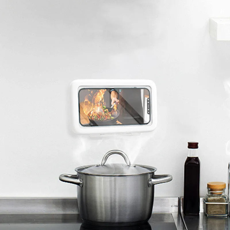 Bathroom waterproof phone case in Crescent White showing sealed touch screen and anti-fog window mounted on a tiled wall