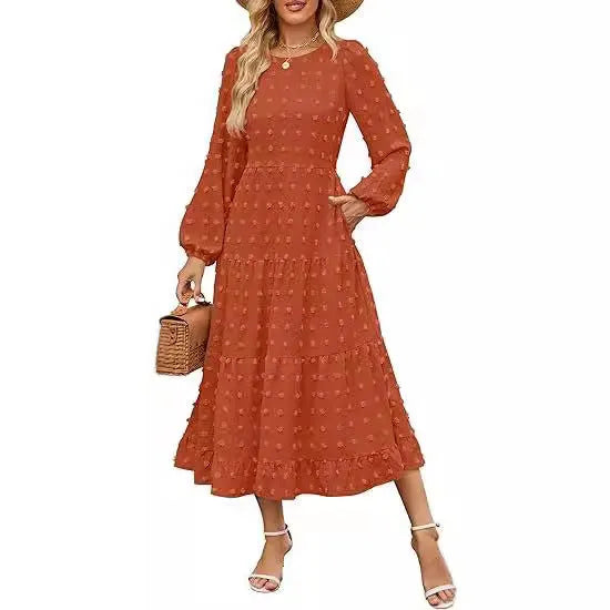 Women's high waist long sleeve dress with ruffled sleeves in beige colour.