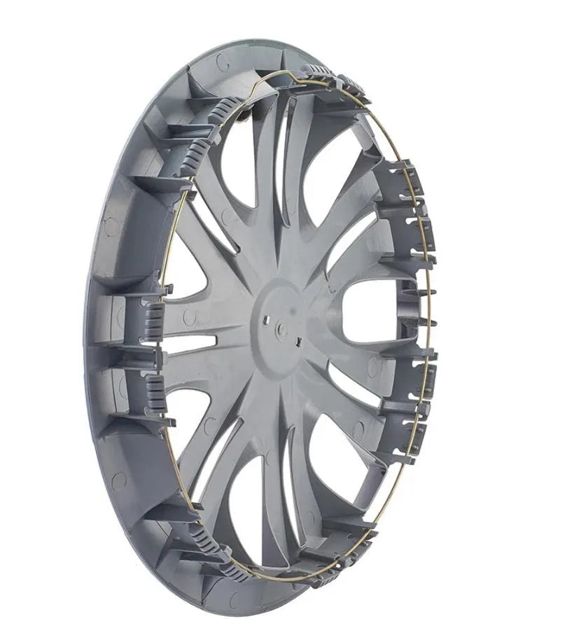 Universal ABS plastic wheel hub cover in silver electroplated finish showing 15-inch diameter measurement