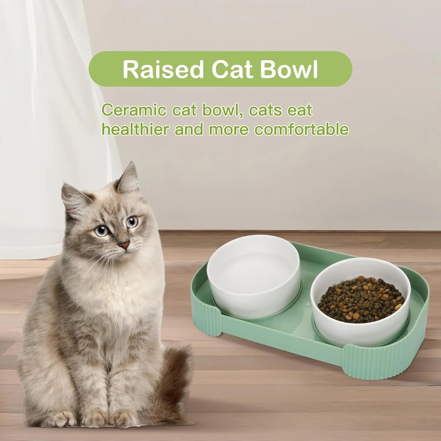 Ceramic elevated cat bowl set with tilted design and anti-spill rim in three colour options