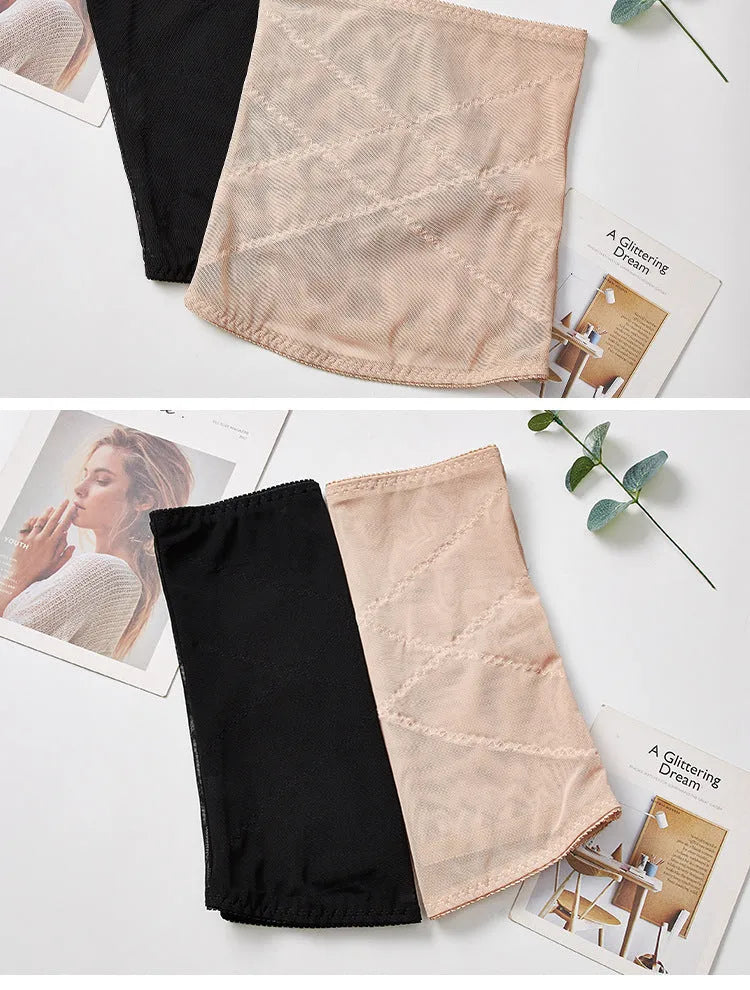 Black mesh belly band body sculpting strap for post-partum waist trimming on a mannequin.