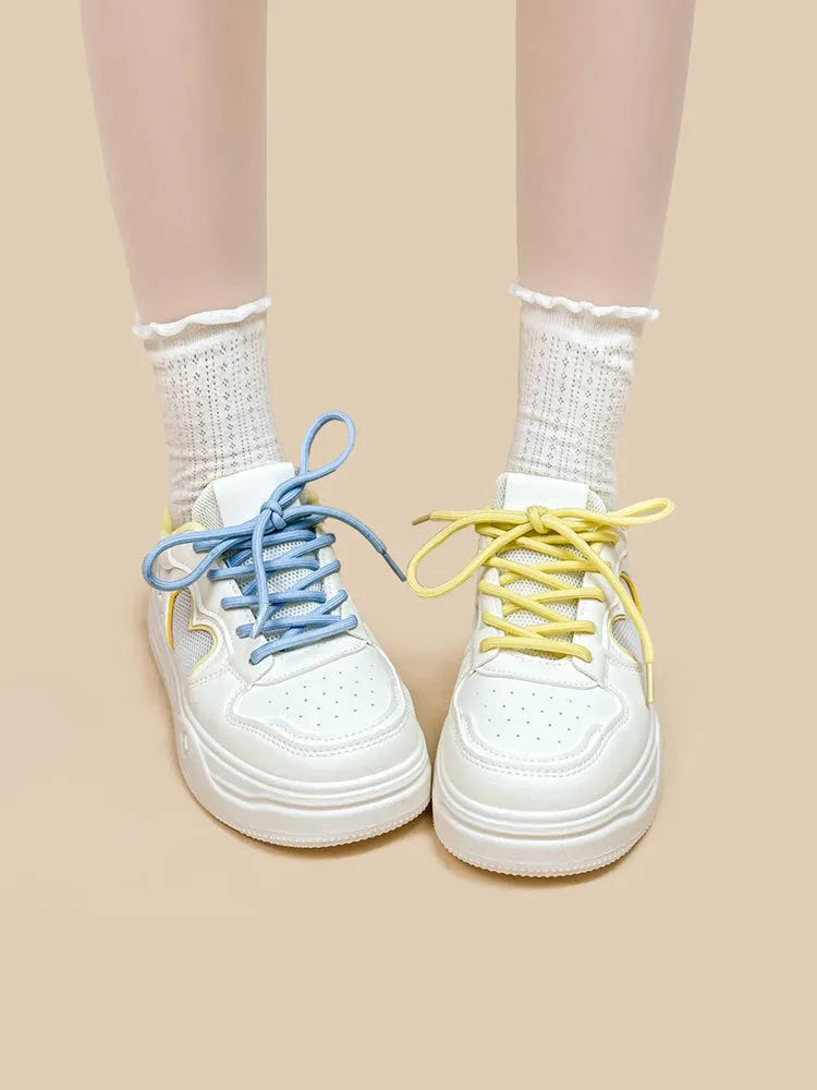 Meow Rabbit Sea Salt Cheese colour Korean-style sneakers with mesh cross straps and thick rubber soles