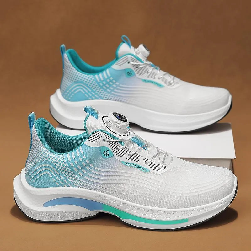 Men's white and orange mesh sneaker with rotating buckle and low-top design