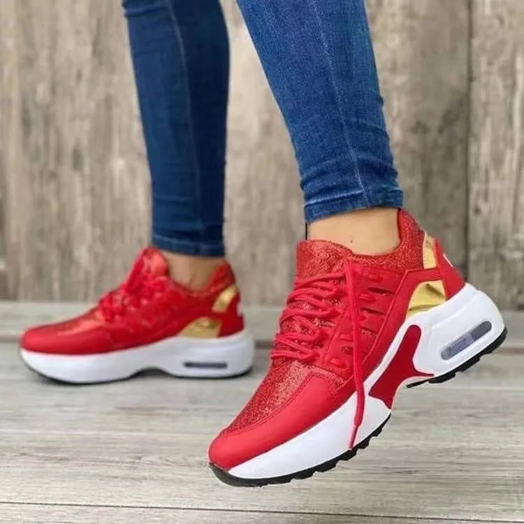 Breathable mesh lace up sneakers for women with low wedge heel, round toe, available in multiple colours