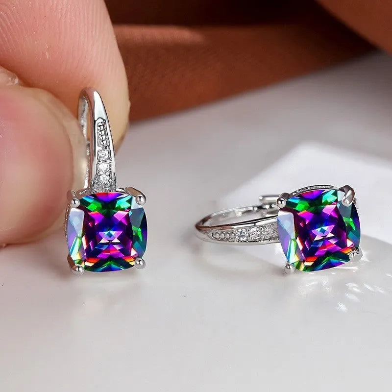 Square zircon geometric ear hook earrings in electroplated copper with Korean style design