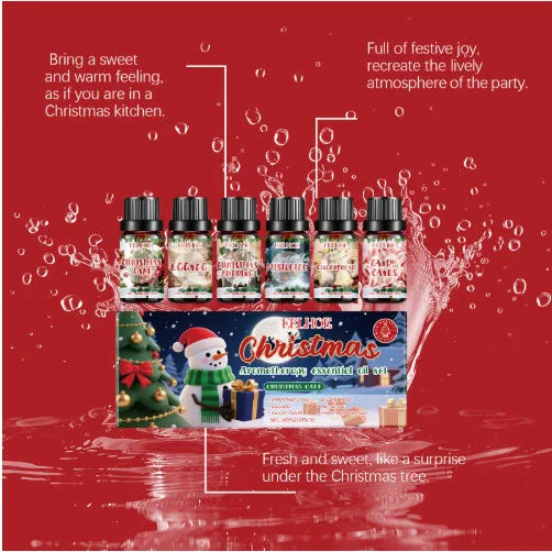 Christmas aromatherapy oil set showing six 60ml bottles with warm home fragrances
