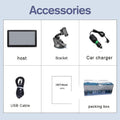 Black portable car GPS navigation device with a 7-inch touchscreen, shown mounted on a car windscreen with bracket.