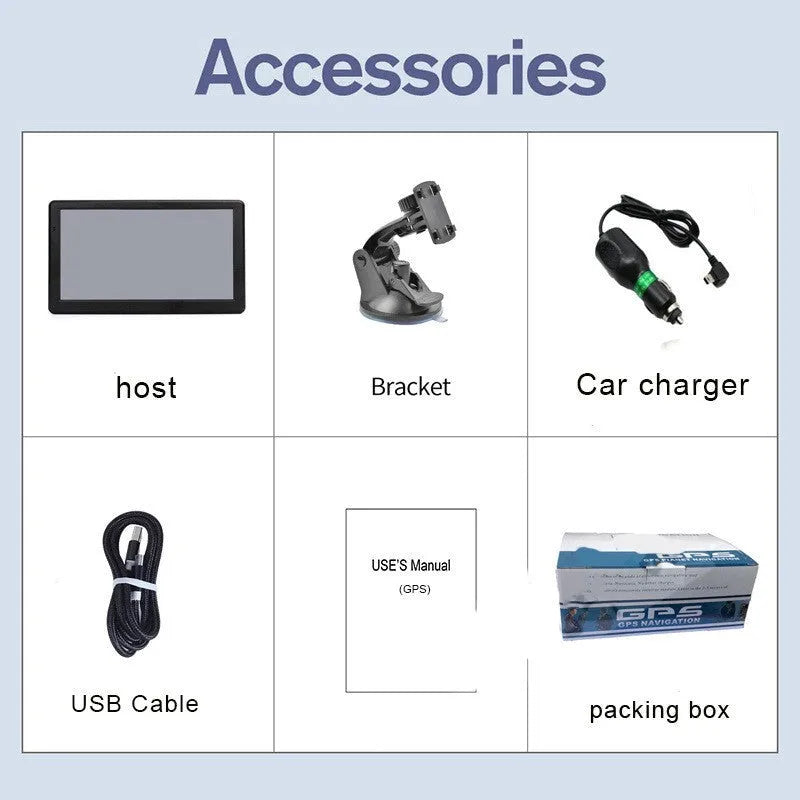 Black portable car GPS navigation device with a 7-inch touchscreen, shown mounted on a car windscreen with bracket.