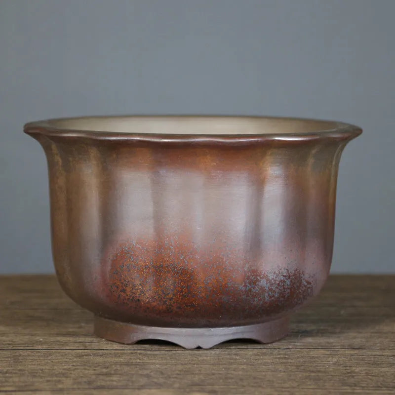 Antique carved purple sand ceramic bonsai pot with wood-burned finish in large size.