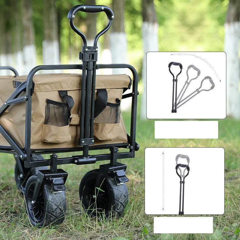 Folding camping trailer with four PU foam wheels and brake, 100KG capacity, in outdoor setting
