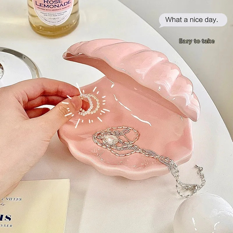 Yellow white porcelain decorative tray with optional small night light, pink or white shell.