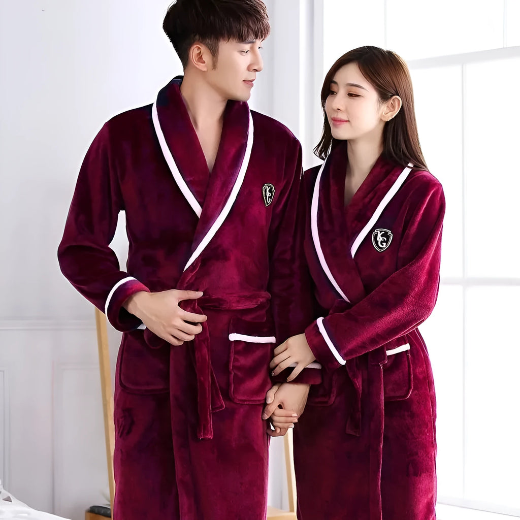 Flannel thickened long section bathrobe for men and women, wine red and white stripes, on a hanger