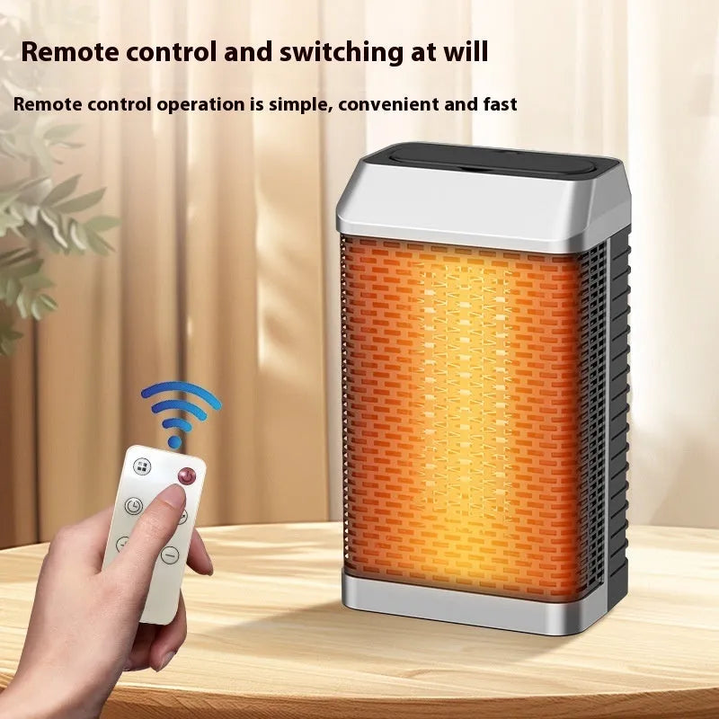 Black smart desktop heater with remote control on a wooden desk.