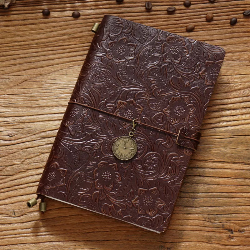 Creative vintage engraving cowhide travel notepad in black A5 size with genuine leather cover