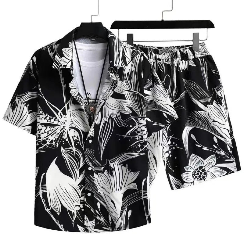 Men's casual digital print cardigan suit with short sleeves and matching shorts on a hanger.