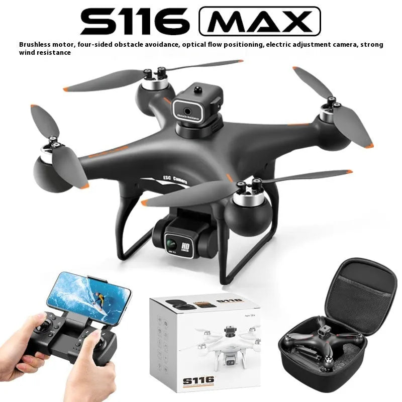 Black HD brushless UAV drone with four-side obstacle avoidance sensors and camera visible on compact plastic frame
