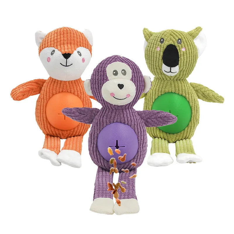 Animal-shaped stuffed dog toy in three bite-resistant colours Green Orange Purple on a white background