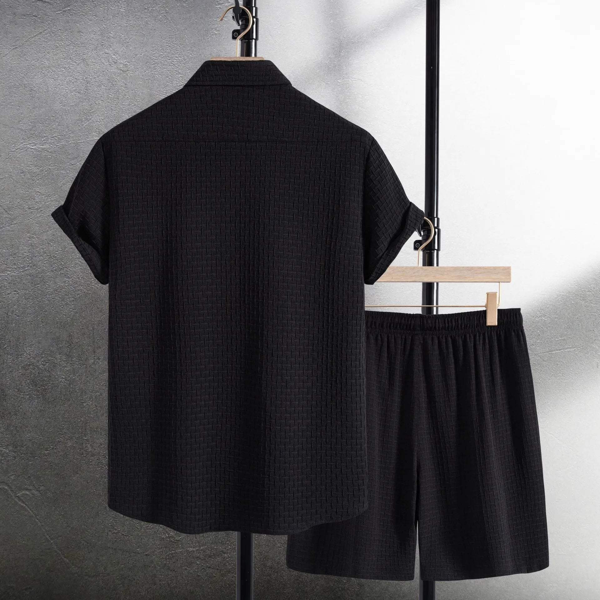 Men's black cotton blend short sleeve shirt and matching shorts summer leisure suit