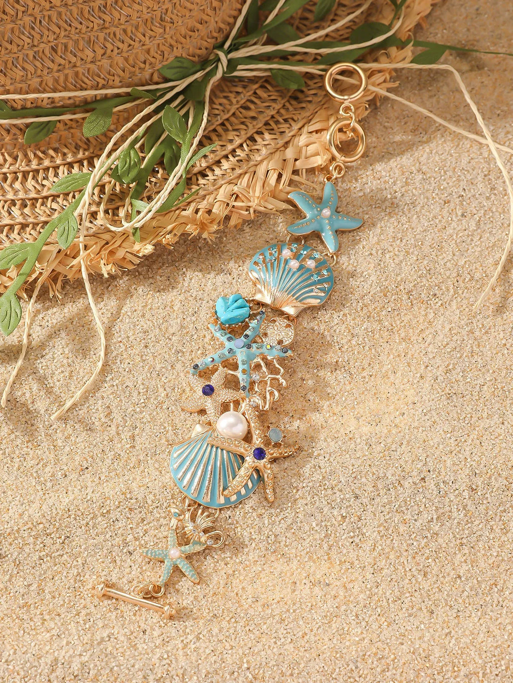Women's alloy rhinestone marine bracelet with boat anchor and shell design in coastal colours