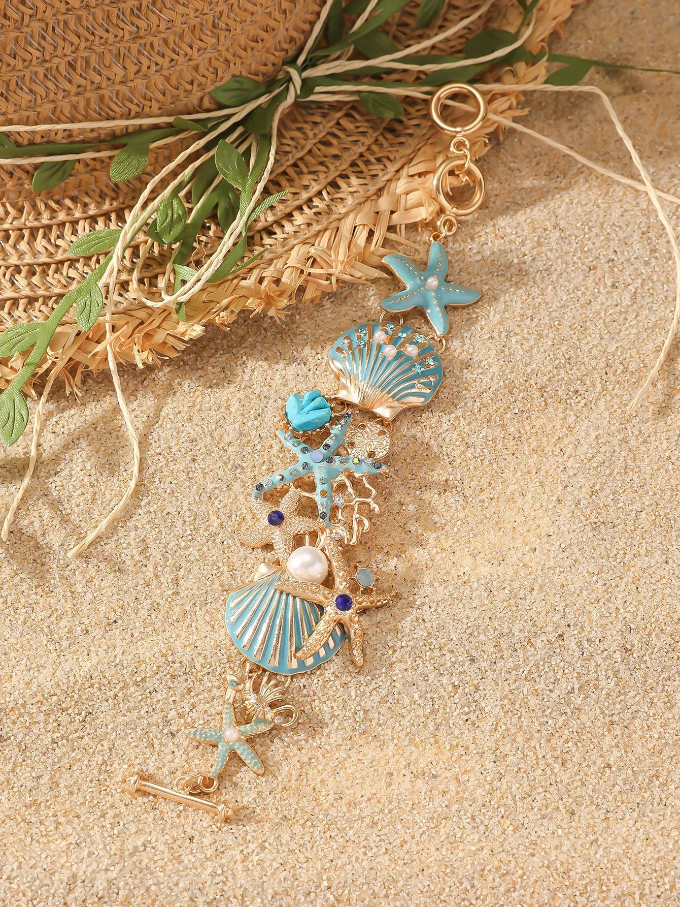 Women's alloy rhinestone marine bracelet with boat anchor and shell design in coastal colours